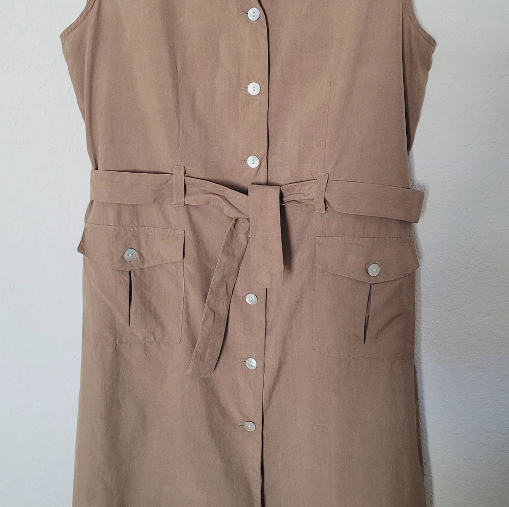 Vintage HASLTON Khaki Sleeveless Button-Down Dress Sz 12 - Picture 4 of 13